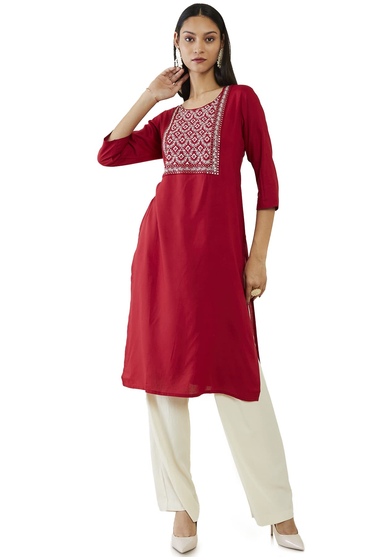 Soch Women Maroon Rayon Embroidered Kurta(Maroon_Xs)