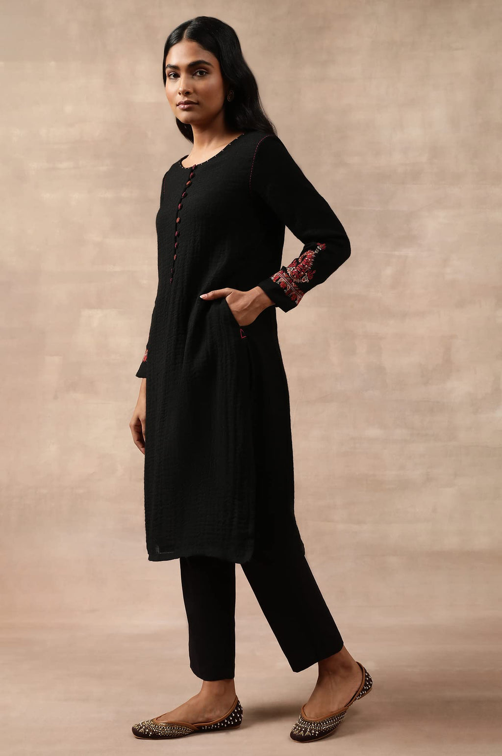 W For Woman Black Woollen Embroidered Kurta