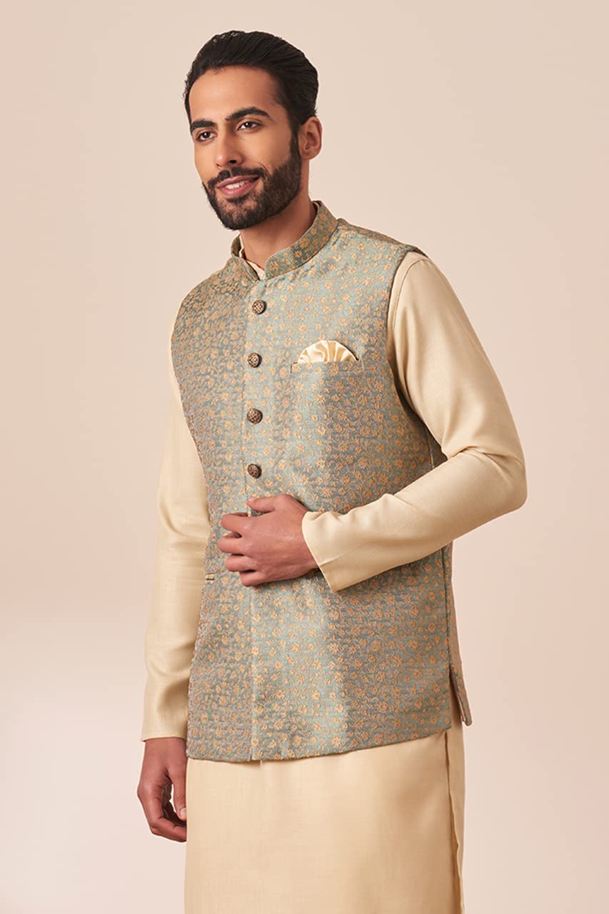 Manyavar Mens Jacket, Nehru Jacket For Men, Ethnic Jacket For Festival, Wedding, Party Sleevless Jacketsprinted Brocade (Green,