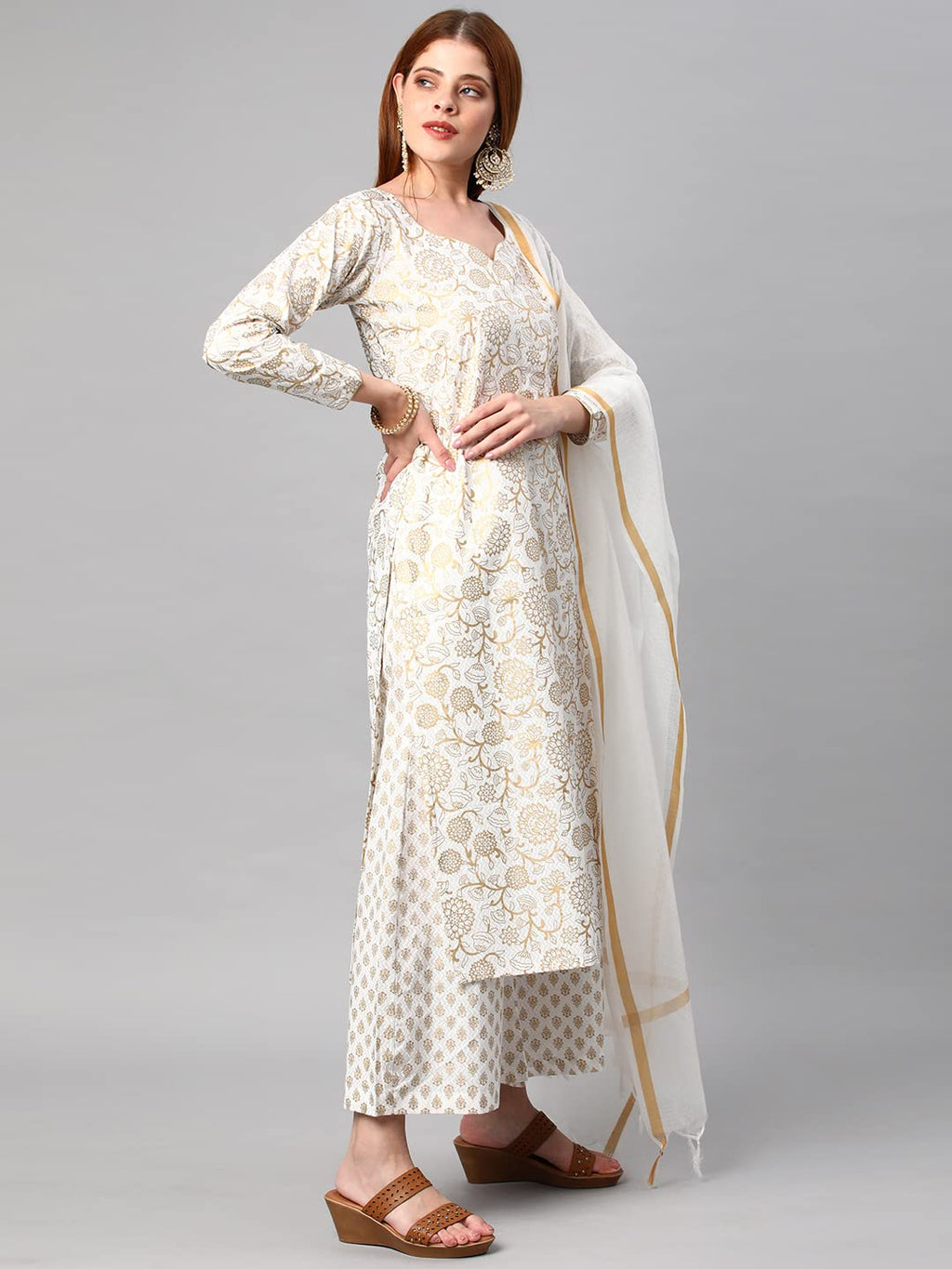 Gosriki Women'S Cotton Blend Printed Straight Kurta With Palazzos & Dupatta (Ghost-Off-White-Nw-Gs)