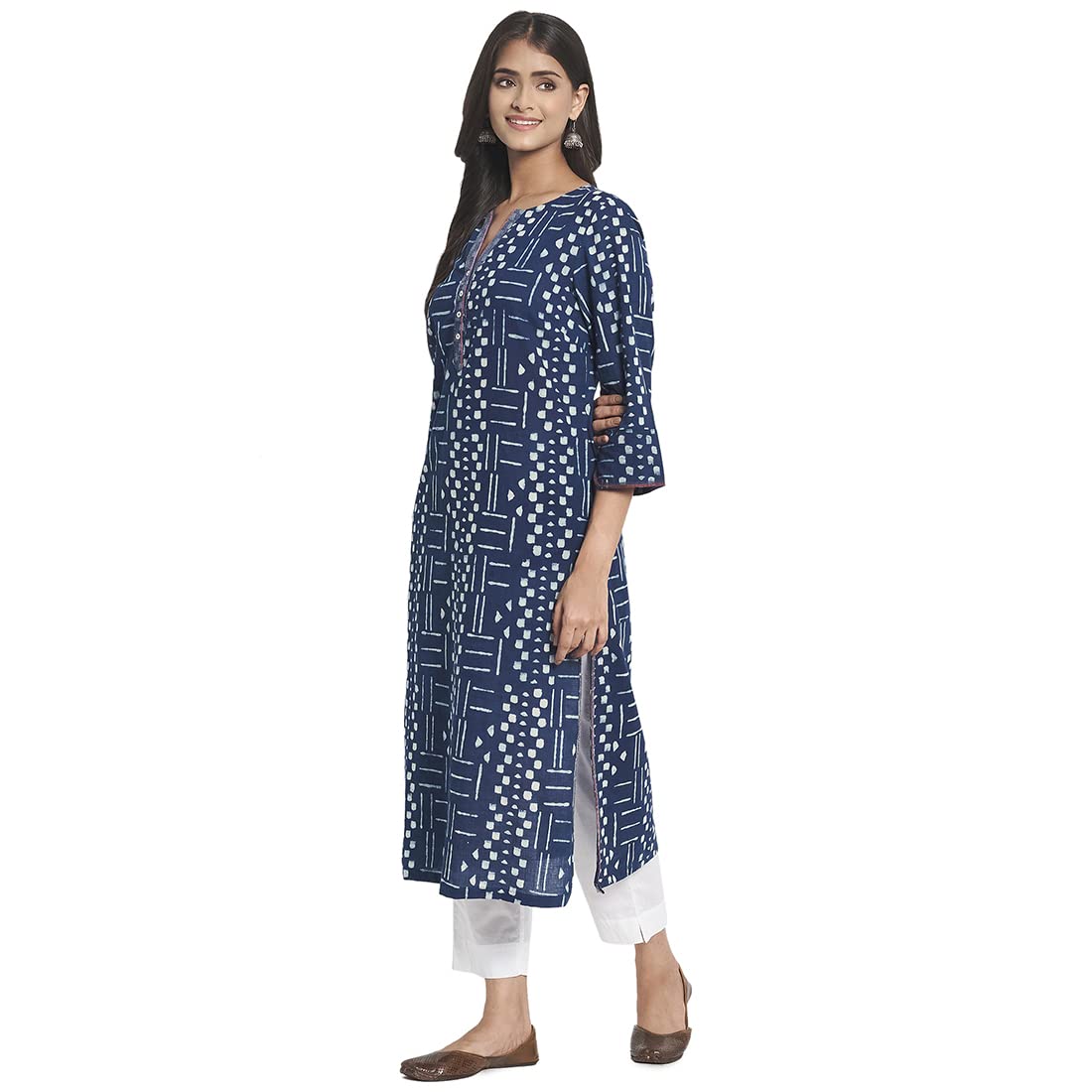 Fabindia Women Cotton Printed Long Kurta Indigo