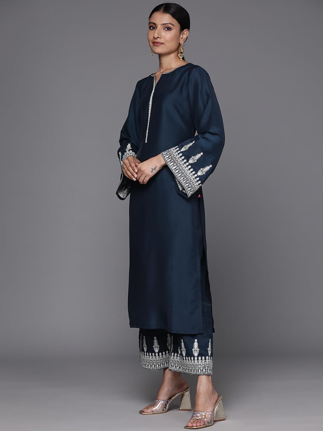 Varanga Women Navy Blue Embroidered Straight Kurta Paired With Tonal Bottom And Dotted Dupatta With Four Sided Fringes