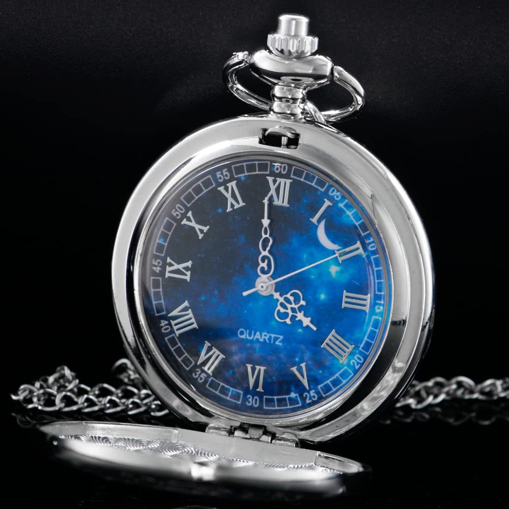Tiong Vintage Pocket Watch Roman Numerals Scale Blue Starry Night Moon Dial Christmas Graduation Birthday Gifts Fathers Day(Silv