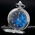 Tiong Vintage Pocket Watch Roman Numerals Scale Blue Starry Night Moon Dial Christmas Graduation Birthday Gifts Fathers Day(Silv
