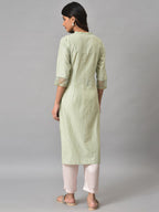 W For Woman Light Green Embroidered Kurta In Round Neck