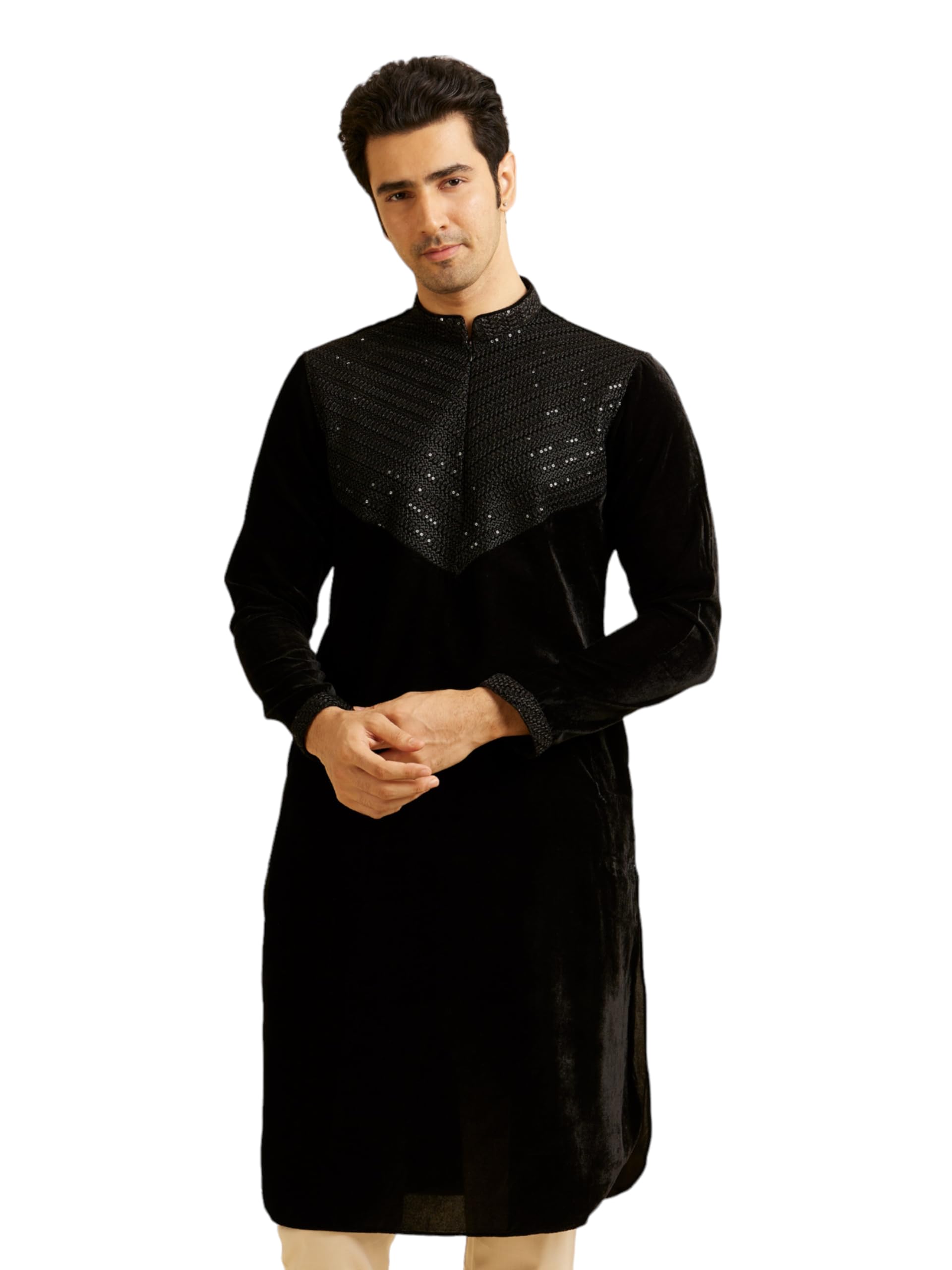Manyavar Mens Velvet Embroidered|Sequins Kurta Pyjama Set (Black,XXL)