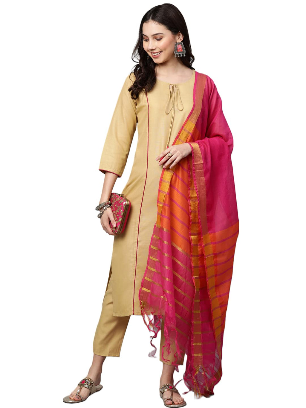 ANNI DESIGNER Womens Cotton Blend Straight Printed Kurta with Pant & Dupatta (Carnival Beige_S_Beige_Small)