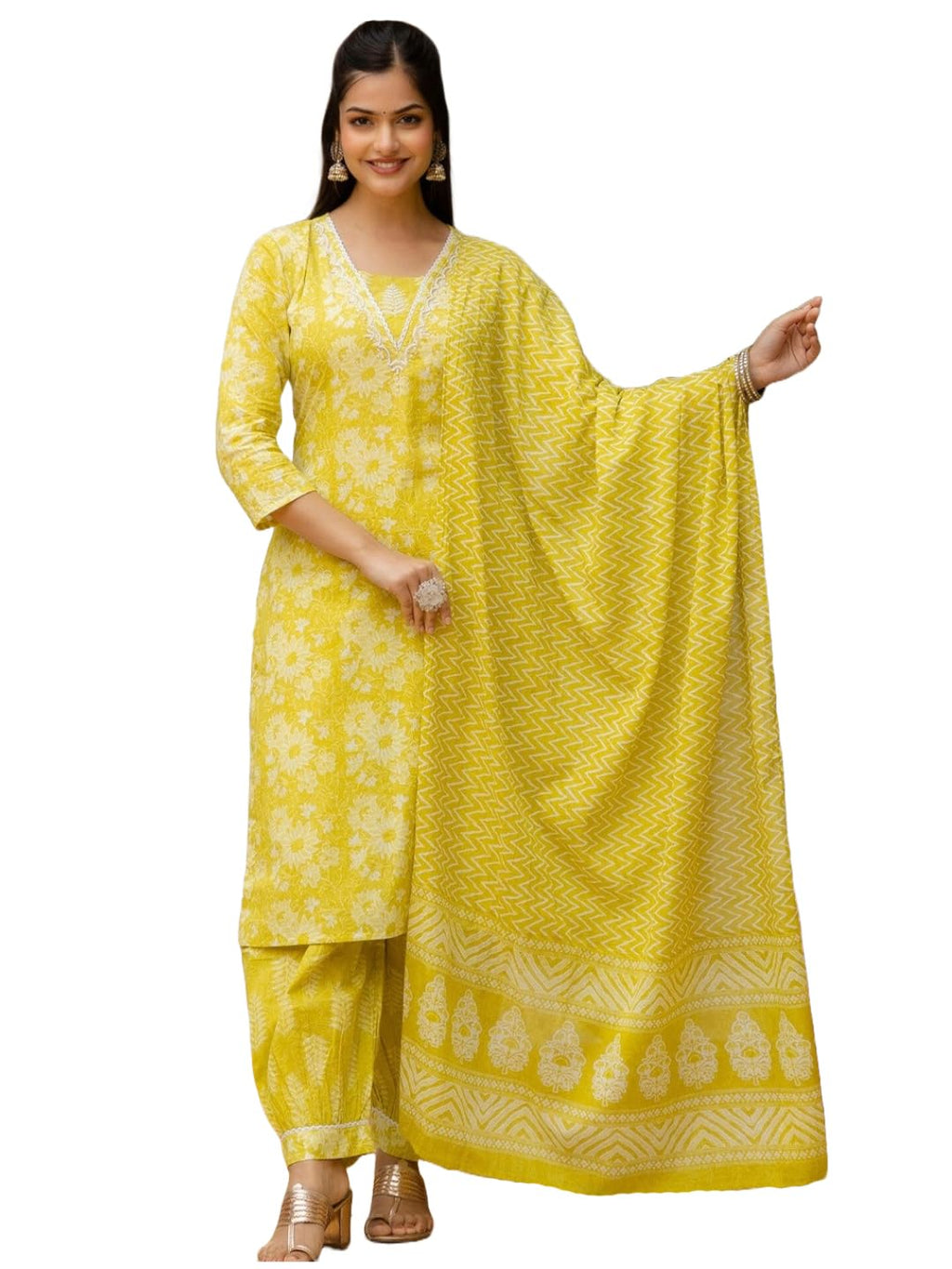 ANNI DESIGNER Rayon Blend Women 's Kurta with Patiala Pant with Dupatta Set, yellow, M