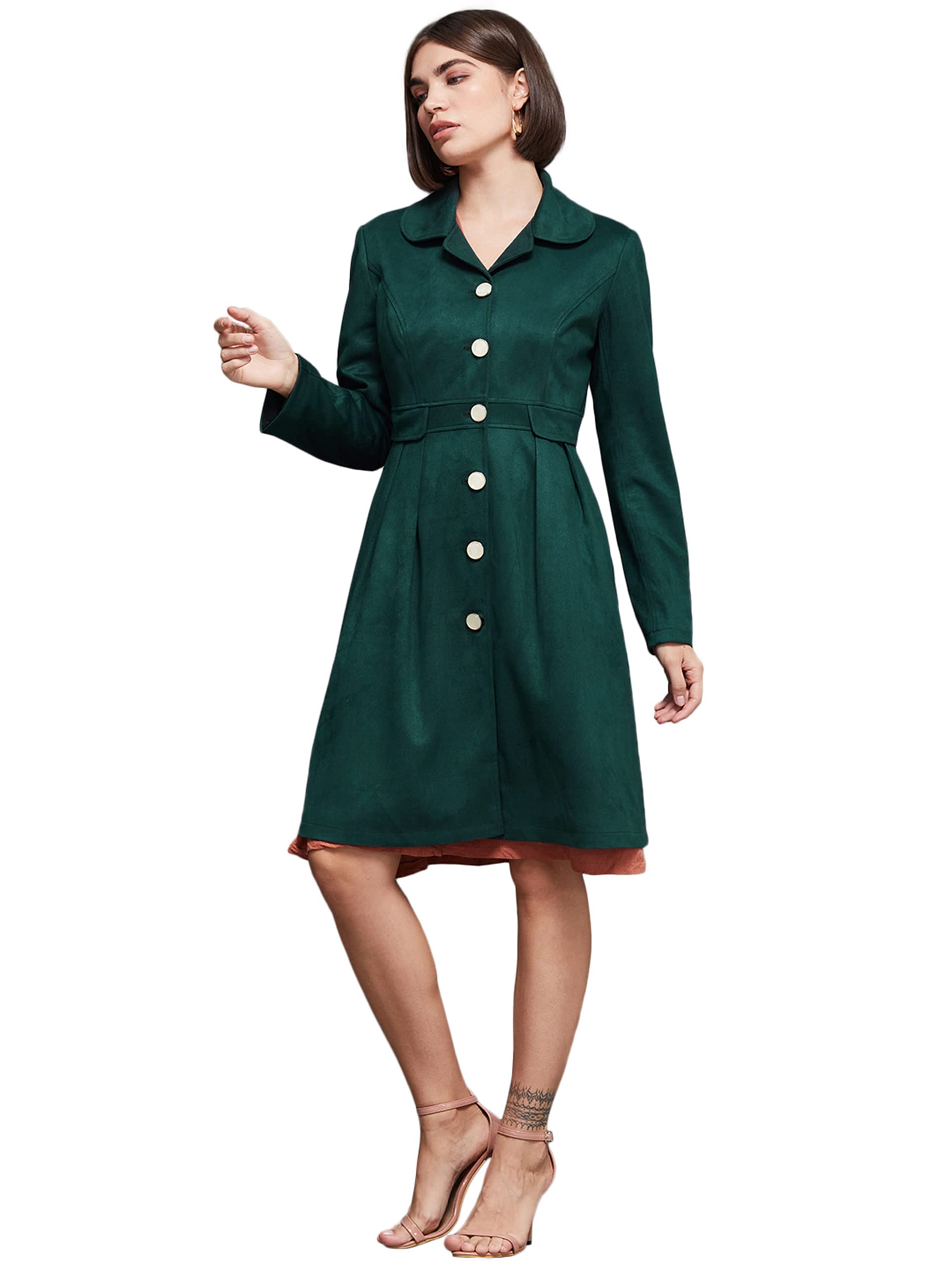 Miss Chase WomenS Dark Green Notch Full-Sleeve Solid Longline Flared Knee-Long Polyester Jacket (Mcaw22Jkt03-55-42-03, Dark Gre