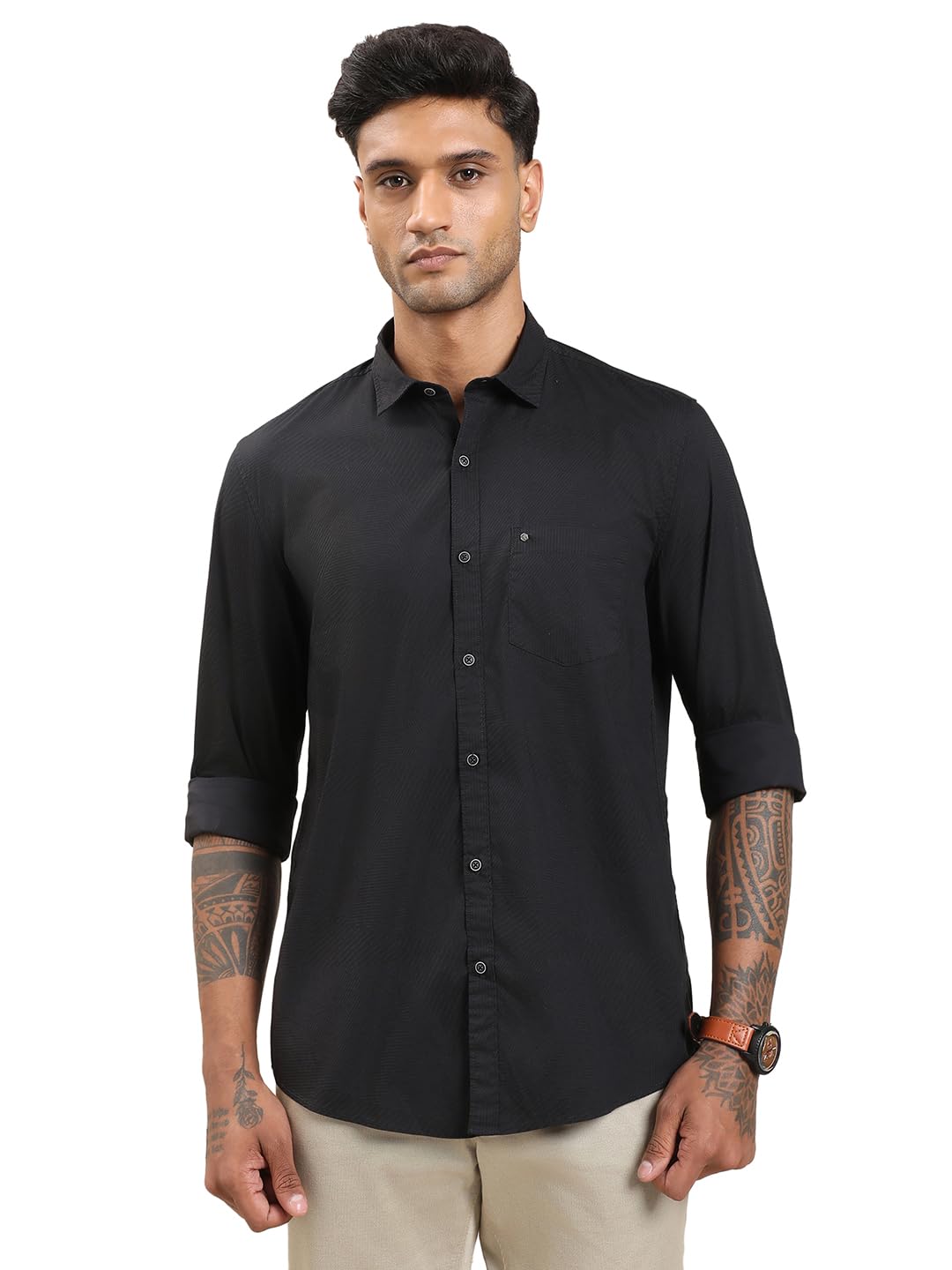 Turtle Men Black Slim Fit Printed Cotton Stretch Casual Shirt