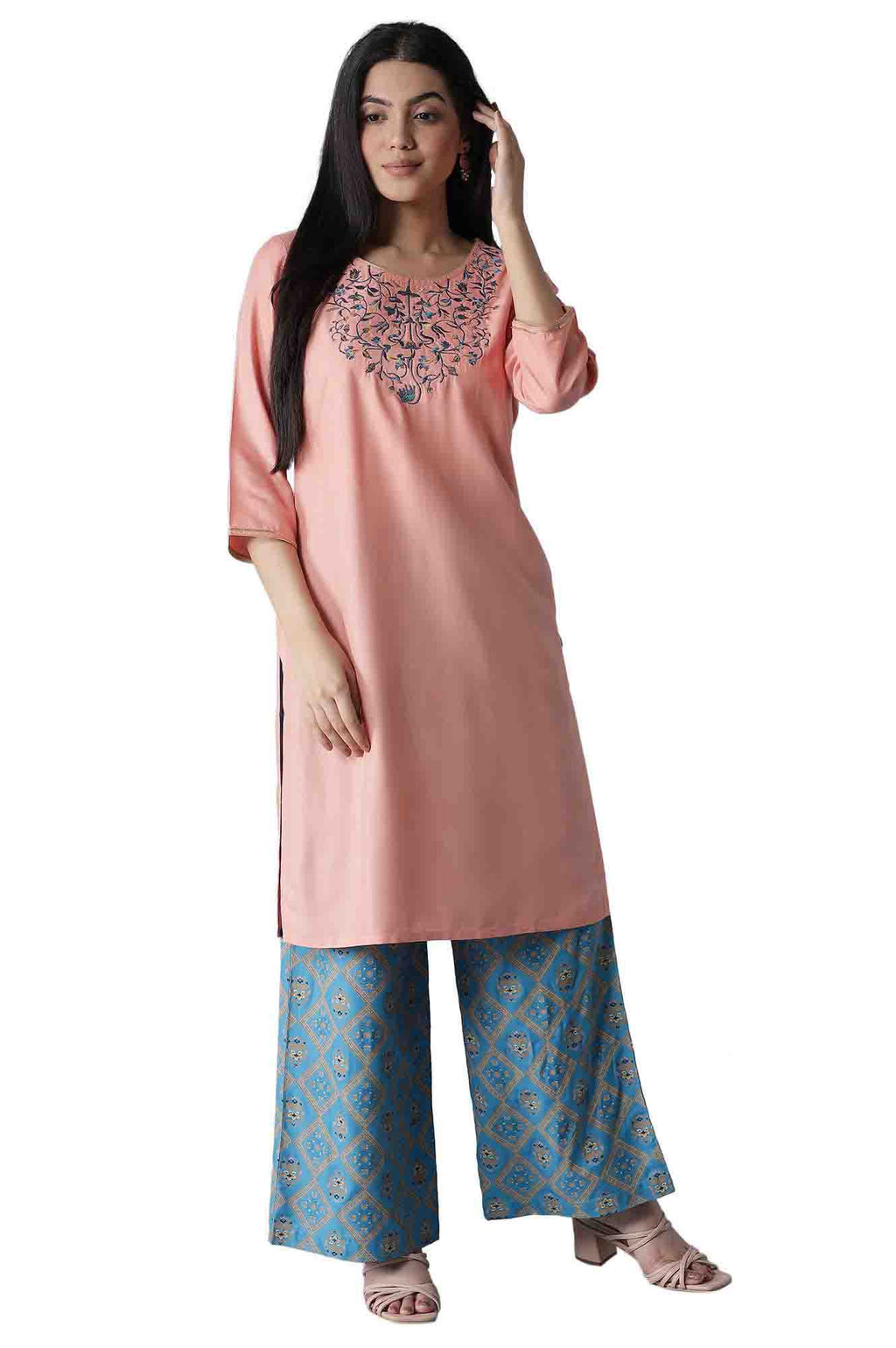 Pink Embroidered Solid Kurta-Palazzos Set