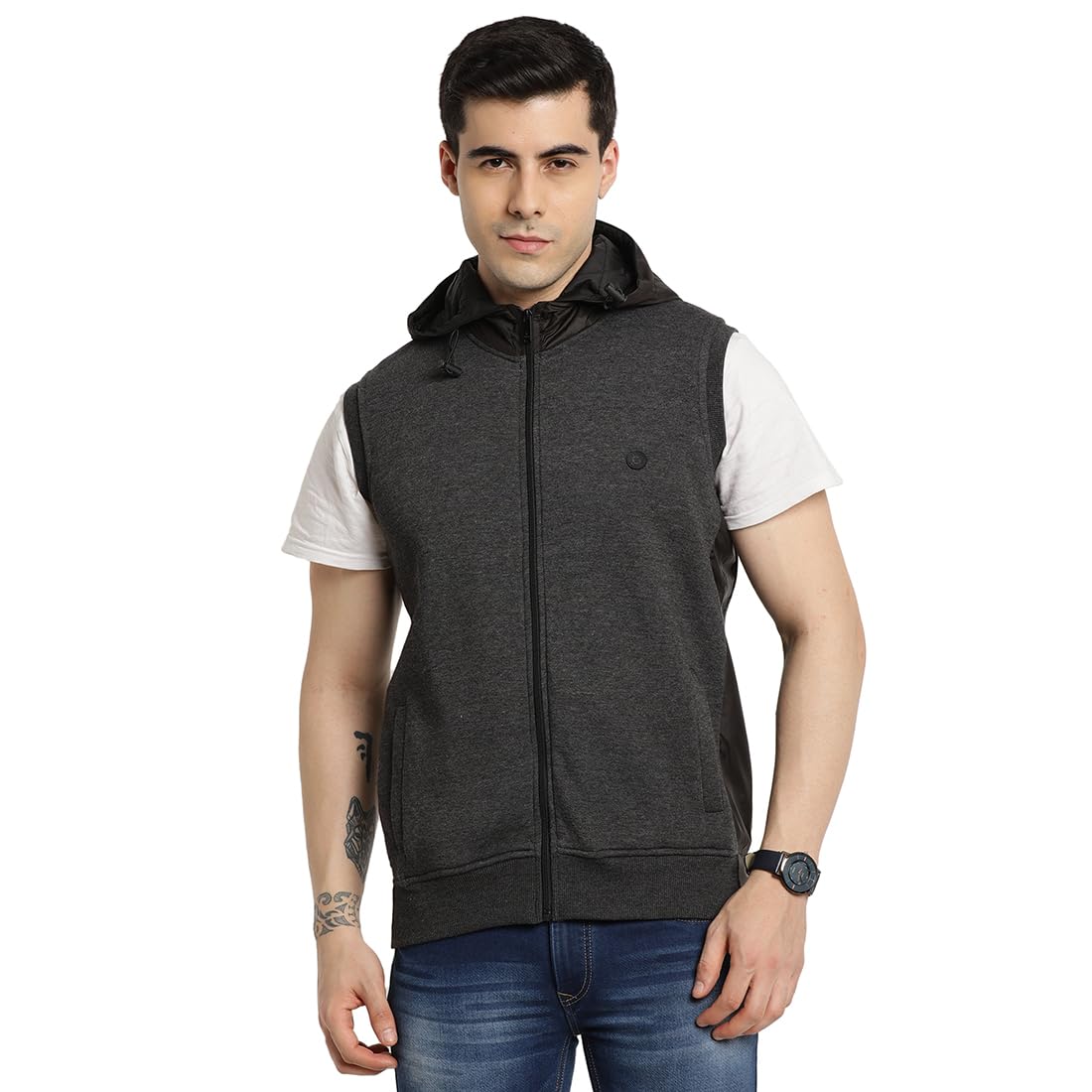 Turtle Men Grey Cotton Stretch Solid Hooded Sweatshirt