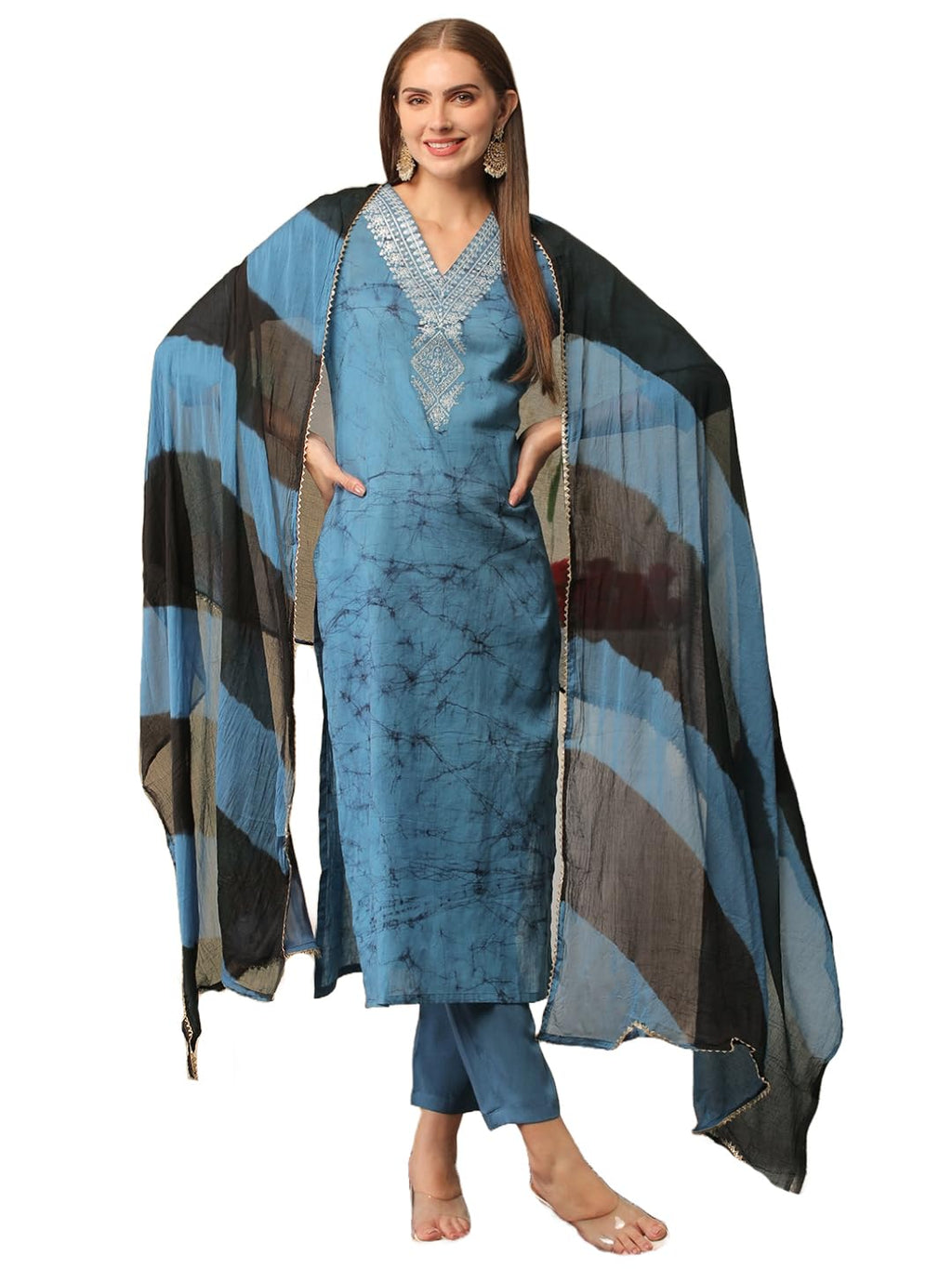 ANNI DESIGNER Ladies Cotton Blend Kurta Trousers with Dupatta Set, Light Brown::Blue, L