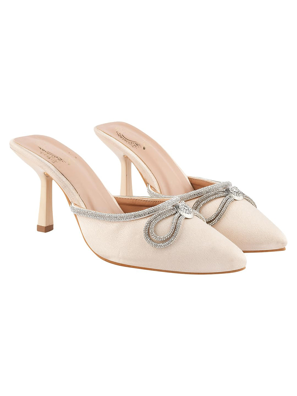 Shoetopia WomenS Golden Elegant Ivory Satin Mule Heels With Crystal Bow  Pointed Toe Slip-On Dress Rhinestone For Party Or Even