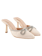 Shoetopia WomenS Golden Elegant Ivory Satin Mule Heels With Crystal Bow  Pointed Toe Slip-On Dress Rhinestone For Party Or Even