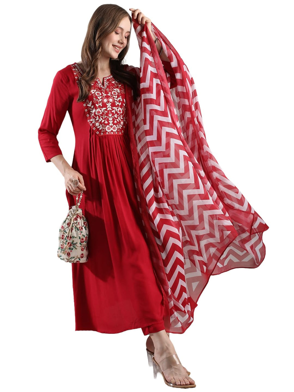 ANNI DESIGNER Women s Rayon Blend Kurta with Pants and Dupatta, Red, L