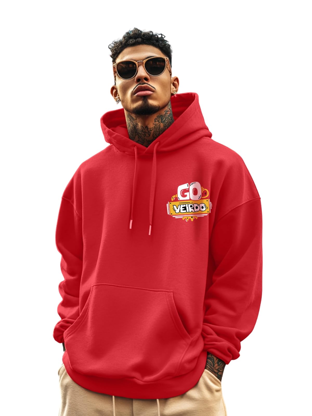 Veirdo Men's Cotton Poly Fleece Oversized Fit Magenta Graphic Hoodie