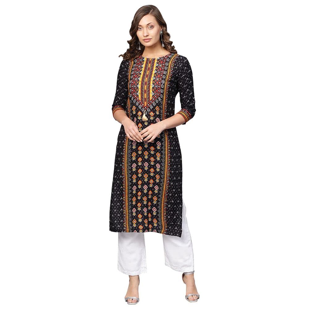 Anubhutee Women'S Rayon Black Sequinned Geometric Printed Straight Kurta