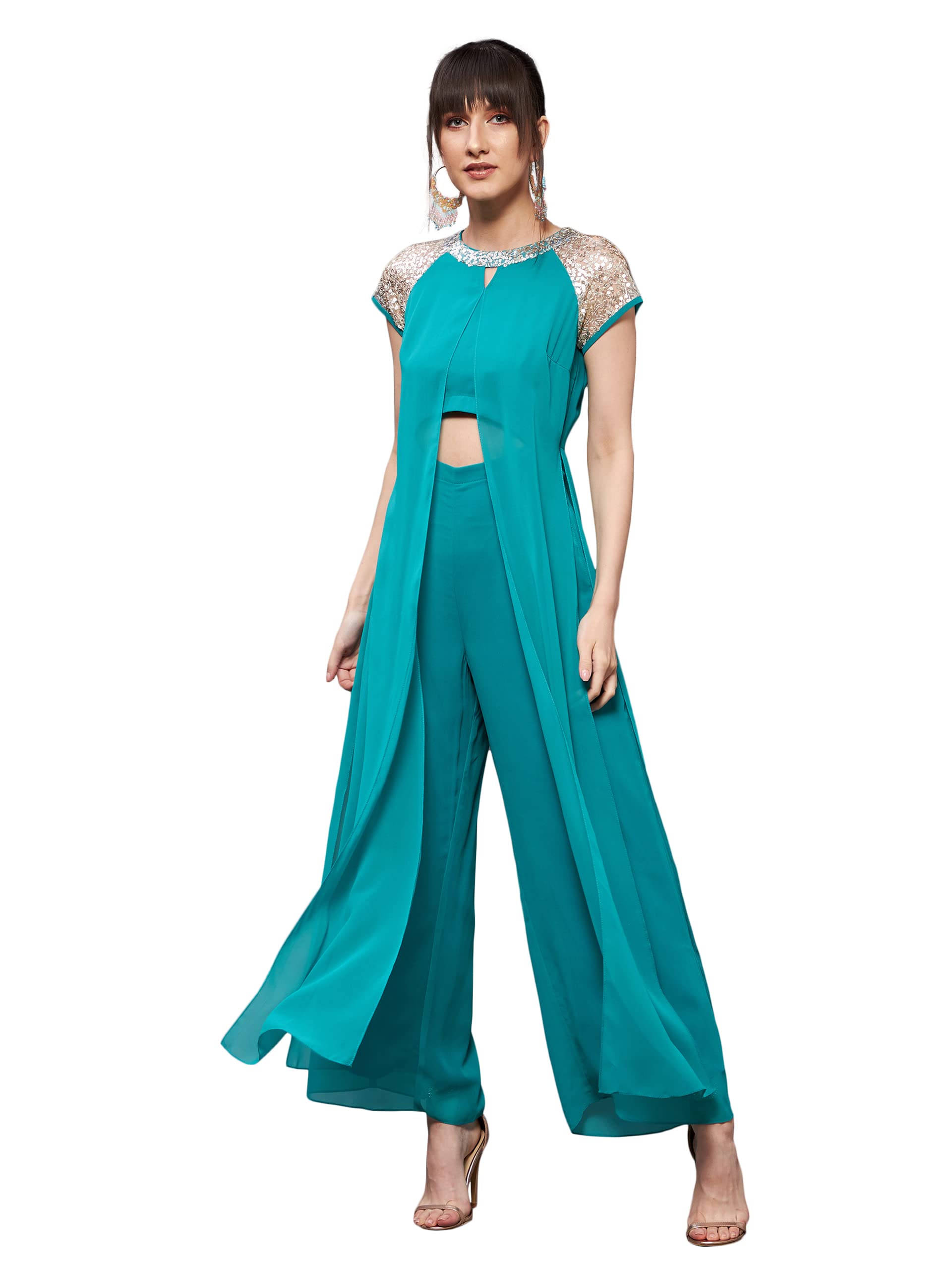 Miss Chase WomenS Turquoise Round Neck Raglan Sleeve Solid Layered Regular Jumpsuit (Mcss21D04-65-33-06, Turquoise, Xl)