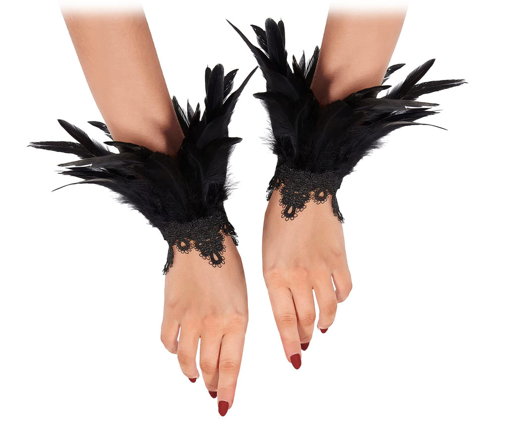 L'VOW Real Nature Feather Cuffs for Game Party Halloween Pack of 2 Black