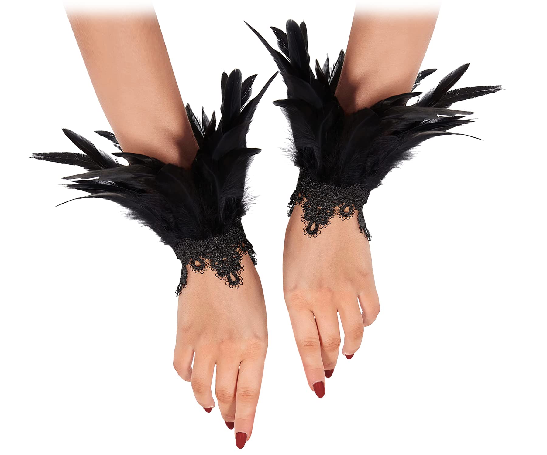 L'VOW Real Nature Feather Cuffs for Game Party Halloween Pack of 2 Black