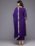 Varanga Women Silk Navy Blue Zari Embroidered Kurta Set With Dupatta