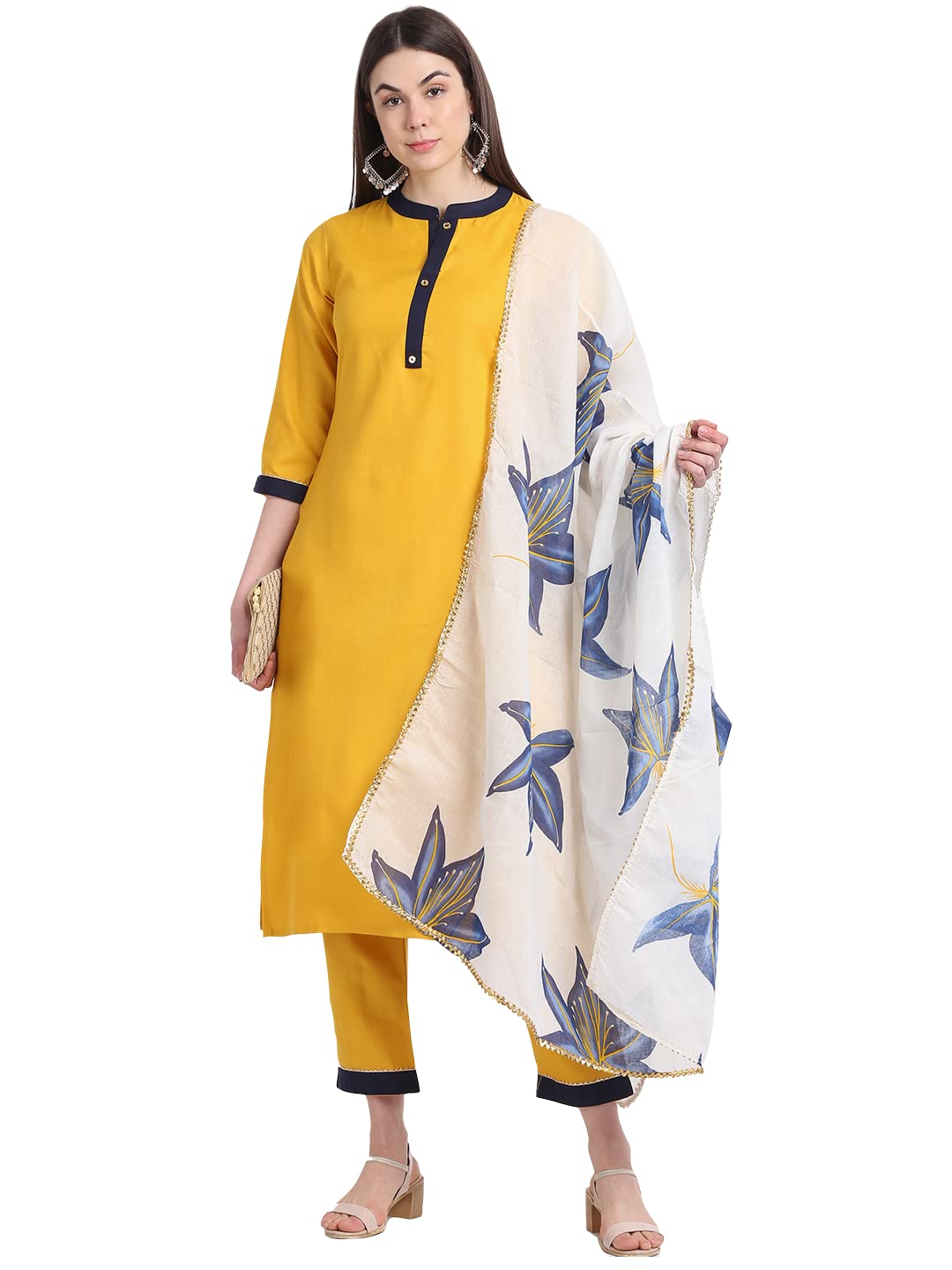Anni Designer Women'S Cotton Blend Straight Kurta With Palazzo & Dupatta (Sunki-Yellow_Xxl_Yellow_Xx-Large)