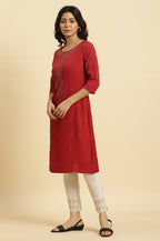 W for Woman Womens Polyester Polka Dot Regular Kurta (23AUSTKW10467-119293_Deep Red