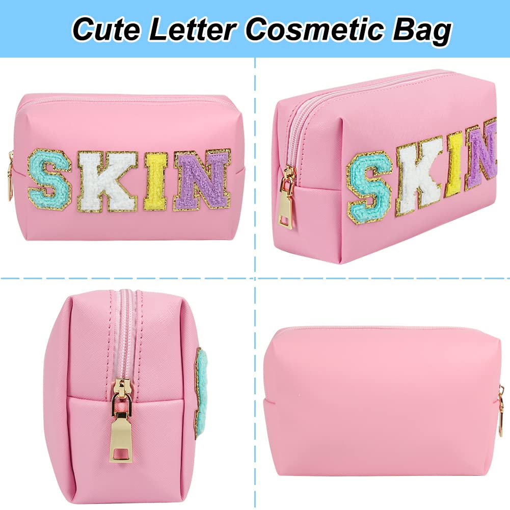 JOINDO Preppy Makeup Bag, Skin Makeup Bag,Chenille SKIN Letter Cosmetic Bag, PU Leather Skincare Toiletry Bag, Cute Travel Organ