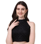 Pujia Mills WomenS Black Sleeveless Blouse For Women Halter Neck Chickenkari Sequins Work Readymade Saree Blouse (Diamond Halte