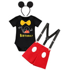 Gentleman Mouse 2nd Birthday Outfit Boys Cake Smash Photo Props for Toddler Kid Baby Romper Suspenders Shorts Bloomers Headband 