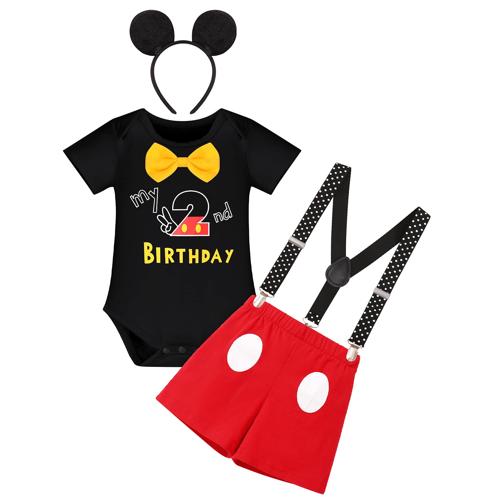 Gentleman Mouse 2nd Birthday Outfit Boys Cake Smash Photo Props for Toddler Kid Baby Romper Suspenders Shorts Bloomers Headband 