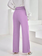 Shasmi Womens Purple Solid Color High Waisted Belted Toothpick Stripe Design Straight Loose Casual Women Pants, Minimalist Styl