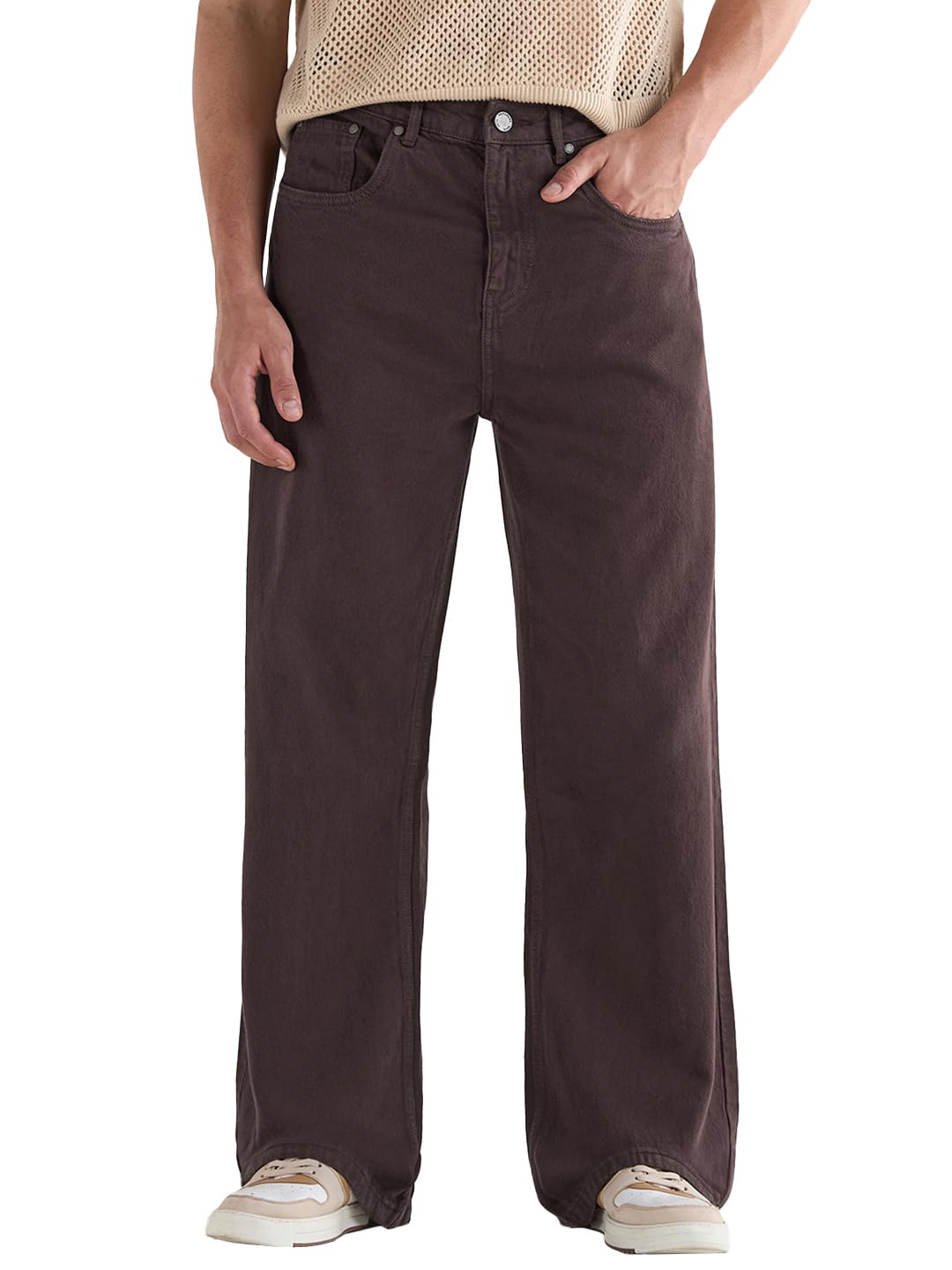 Bewakoof Mens Solid Wide Leg Cotton Baggy Jeans_624689_Brown_30