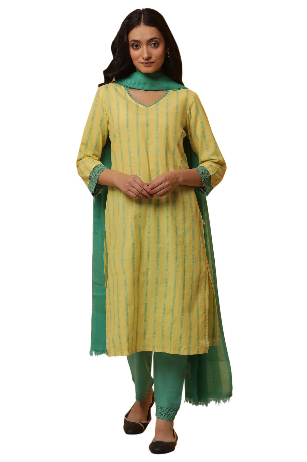 Aurelia Yellow Cotton Vertical Striped WomenS Kurta Dupatta Bottomwear