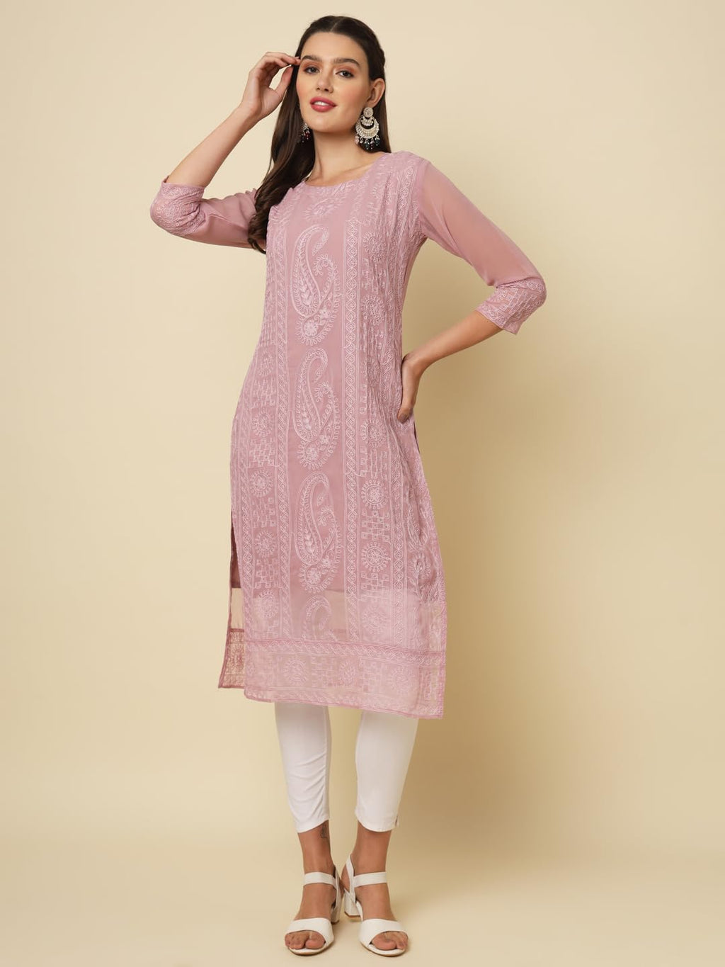 Vairagee WomenS Georgette Straight Cut Round Neck Kurta With Beautiful Lucknowi Chickankari Work (1631)