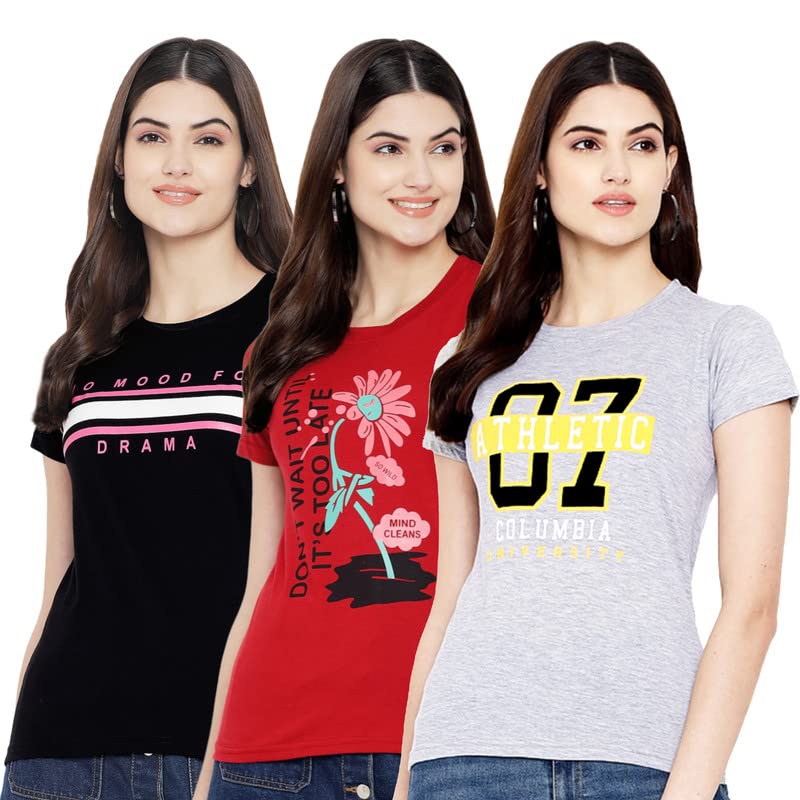 Preneum Womens Cotton Regular Fit Latest Graphic Stylish Printed Short Sleeves Casual T-Shirt || Latest Trendy & Styling (Pack 