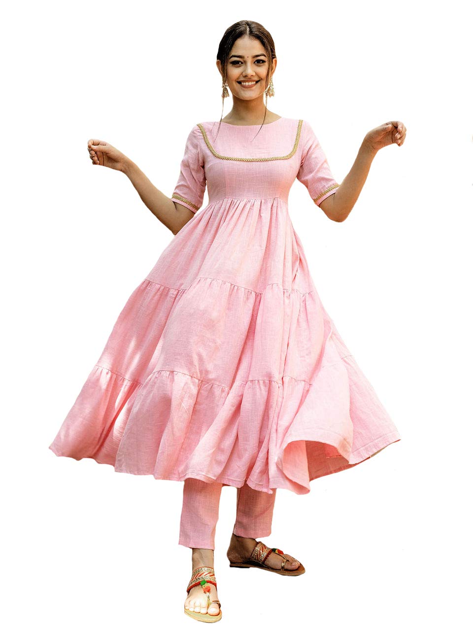 Gosriki Women'S Cotton Anarkali Solid Kurta With Pant (Pink,Xl)