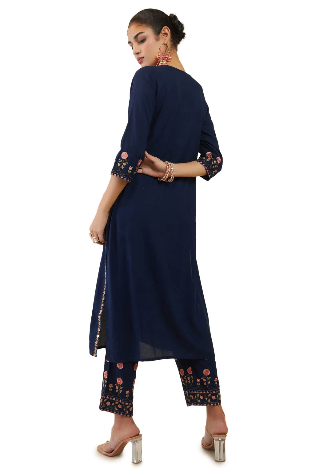 Soch Womens Navy Blue Rayon Floral Embroidered Kurta Set
