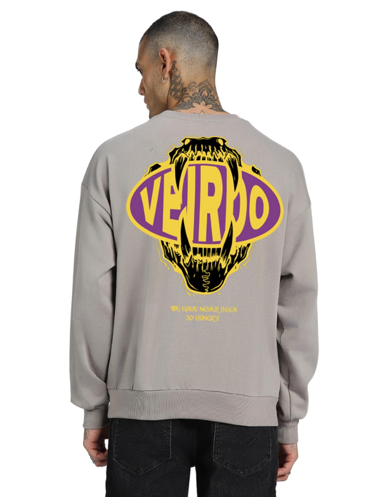 Veirdo Men's Cotton Fleece Regular Fit High Round Neck with Rib Back Graphic Printed Sweatshirt