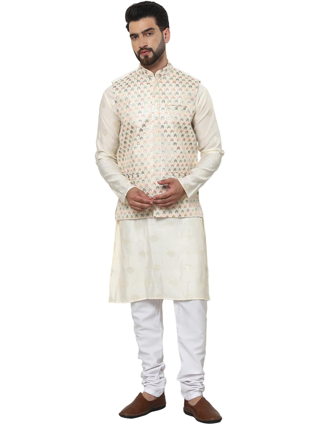 SOJANYA (Since 1958 Mens Cotton Silk Embroidered Cream Kurta and White Pyjama with Designer Cream Nehru Jacket