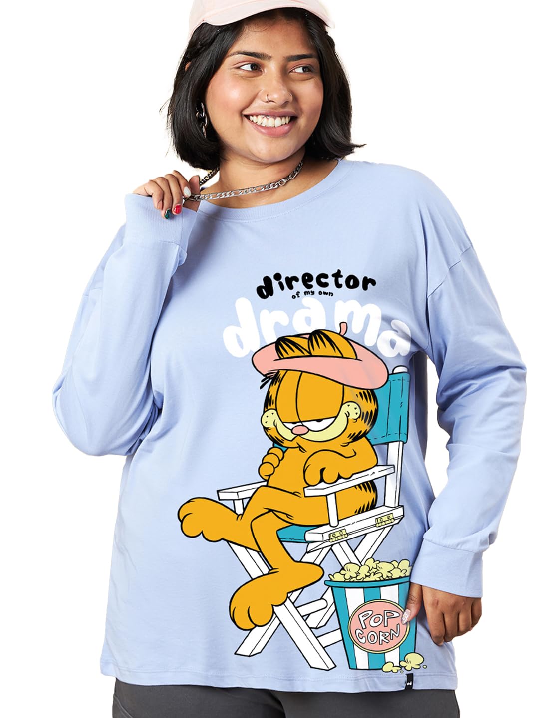 Bewakoof Official Garfield Merchandise Womens Graphic Printed Oversized Fit Full Sleeve Round Neck Cotton Jersey Plus Size T-Sh