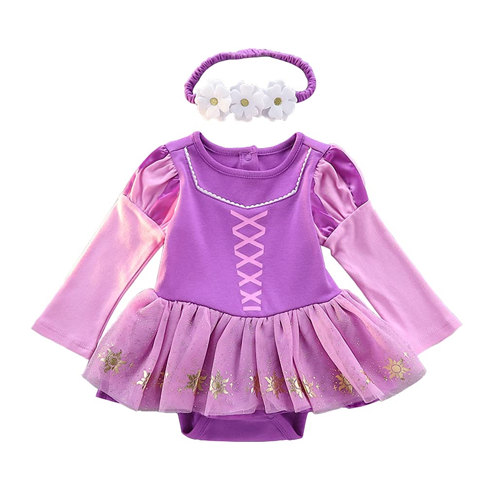 Dressy Daisy Baby Girls Princess Onesie Costume Romper Bodysuit Halloween Birthday Dress Up with Headband Purple Size 9-12 Month