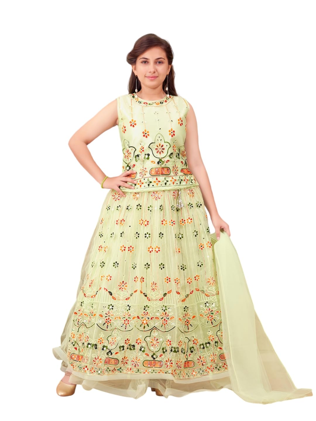 Aarika Girls Ethnic Wear Sea Green Colour Mirror Thread Embroidery Net Lehenga Choli Set (12-16 Years)