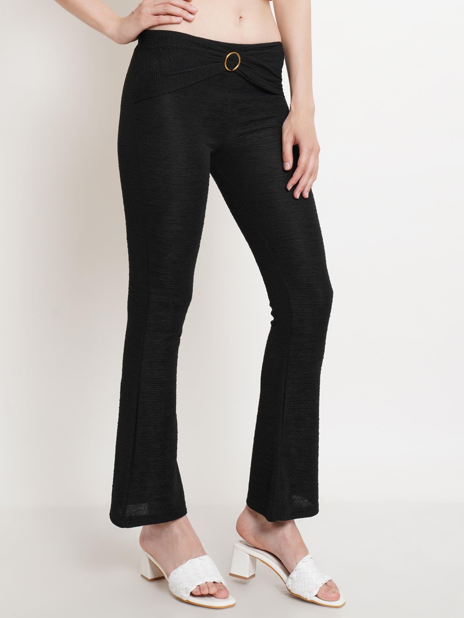 POPWINGS Casual Self Design Crush Bootcut Front Ring Trouser for Women || Pull On Regular Fit Bootcut Women Trouser for Summer |