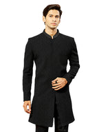 VASTRAMAY Mens Black Silk Blend Indo Western Top Only, Silk Blend Emboss Fabric Indo Western For Men, Traditional Indian Wear f