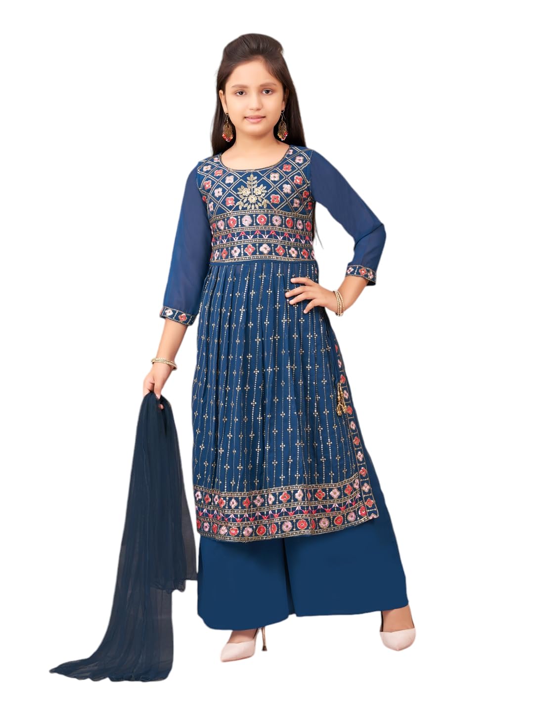 Aarika Girls Ethnic Wear Teal Blue Colour Sequin Thread Embroidery Georgette Kurta Sharara Set (5-11 Years)