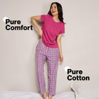 NYKD (NYS141 Checked Pure Cotton Pyjama Sleepwear Pants for Women | Relaxed Fit with Non-Slip Elasticated Waistband, Adjustable