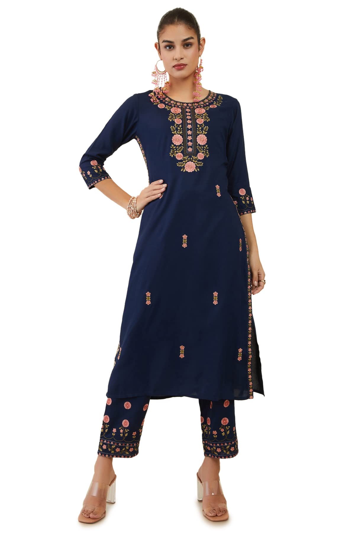 Soch Womens Navy Blue Rayon Floral Embroidered Kurta Set - Xl