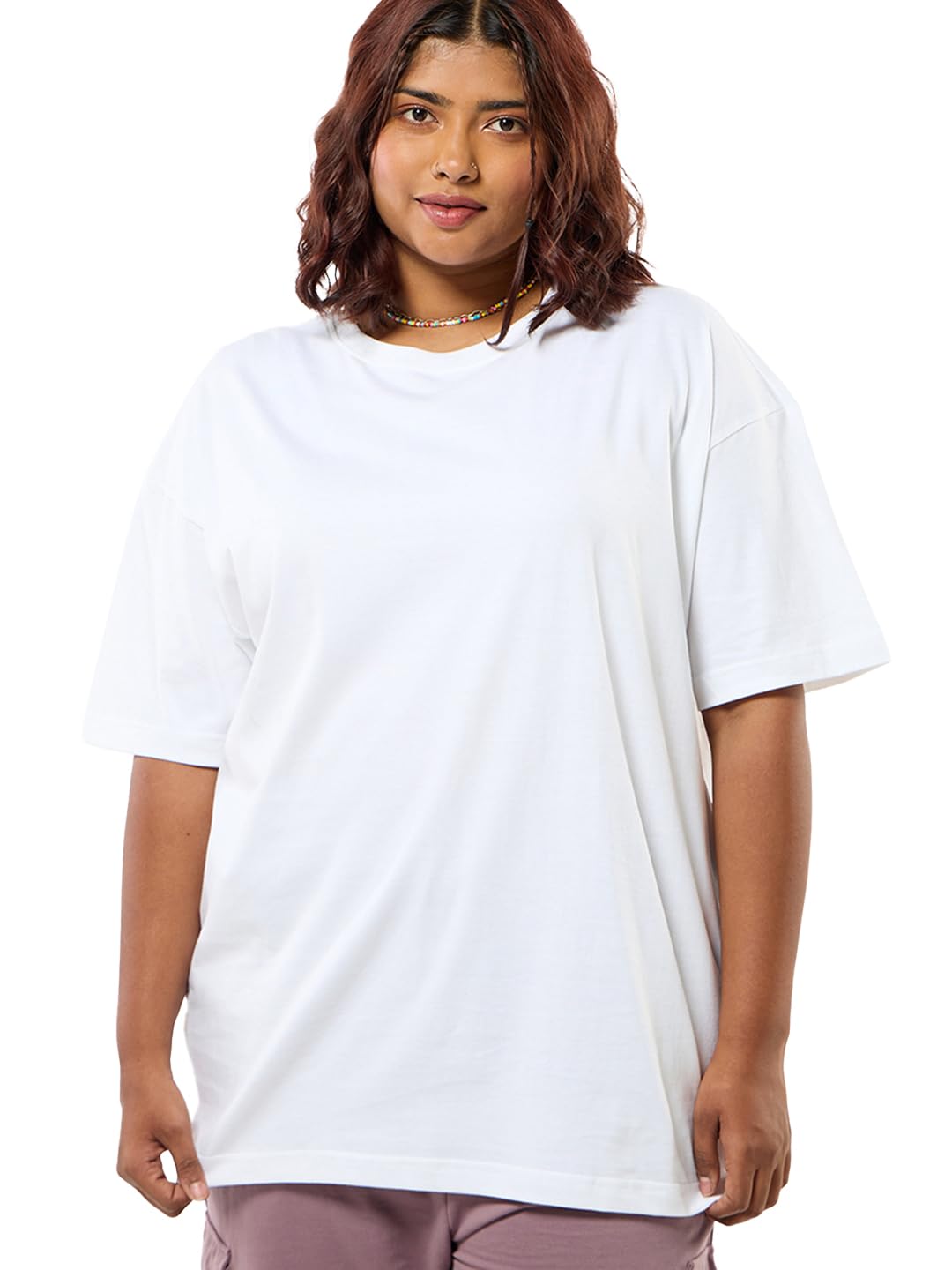 Bewakoof WomenS Solid Oversized Fit Half Sleeve Round Neck Cotton Plus Size T-Shirt_504314_White_5Xl